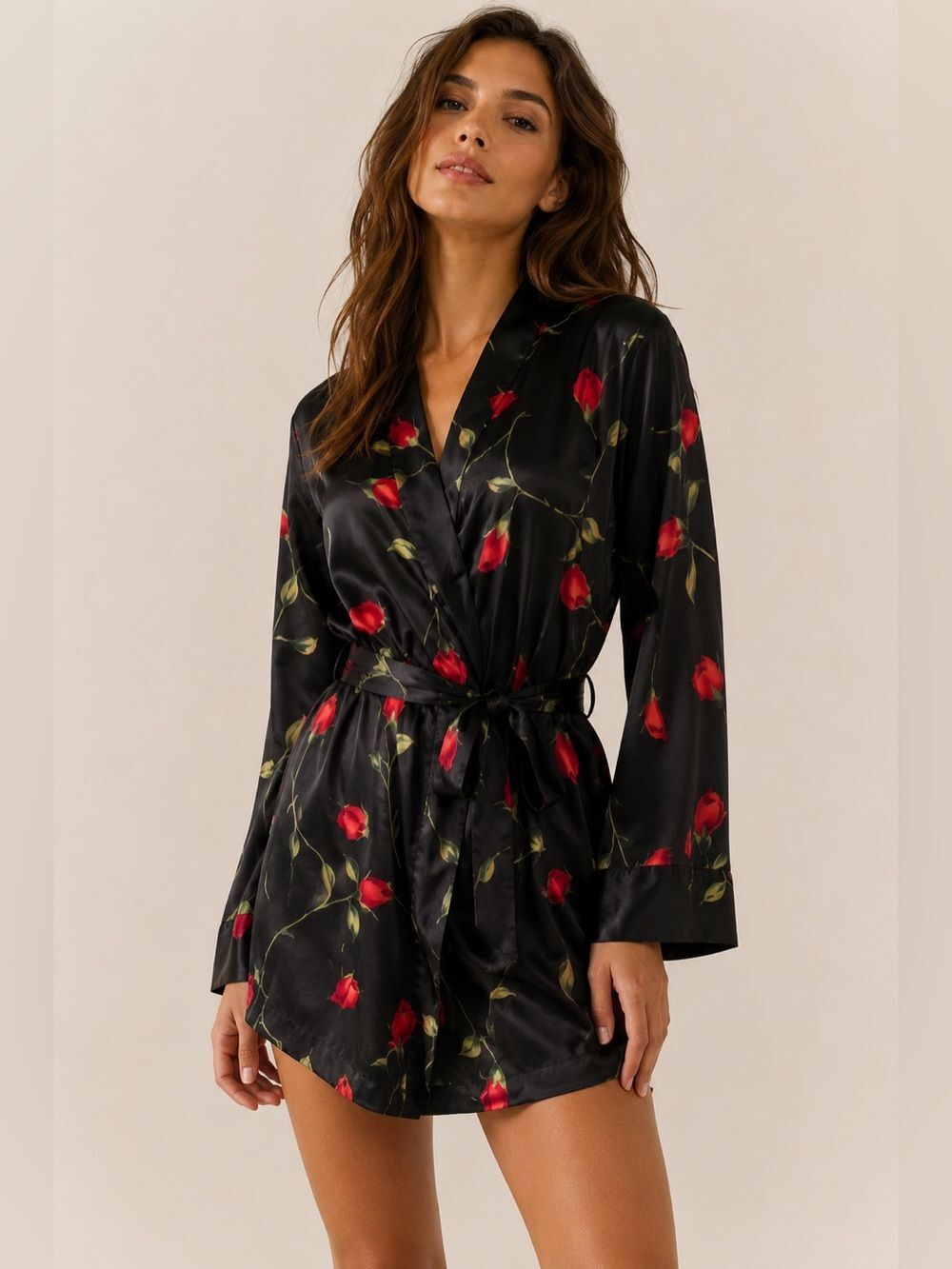 Vtg Y2K Victoria’s Secret Satin Rose Print Robe 2002 Black Silky Tie Front Robe